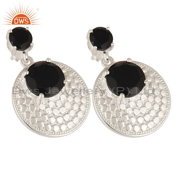 Exporter Natural Black Onyx Gemstone Prong Set Sterling Silver Disc Dangle Earrings
