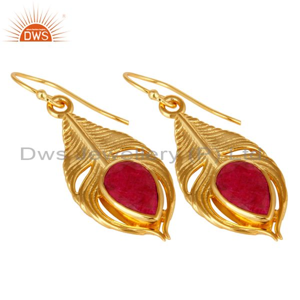 Exporter 18K Gold Plated Sterling Silver Red Corundum Peacock Feather Dangle Earrings