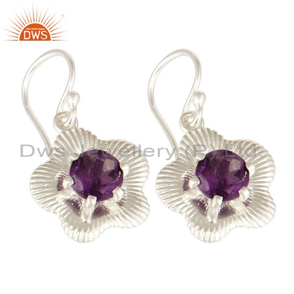 Exporter 925 Sterling Silver Prong Set Natural Amethyst Gemstone Floral Design Earrings