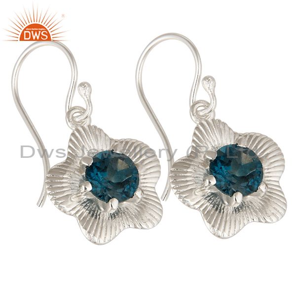 Exporter High Polish Sterling Silver London Blue Topaz Prong Set Flower Dangle Earrings