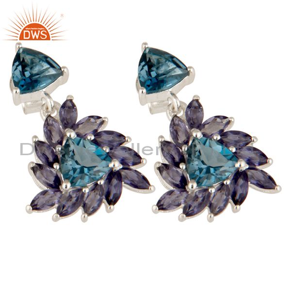 Exporter 925 Sterling Silver Iolite And London Blue Topaz Gemstone Cluster Dangle Earring