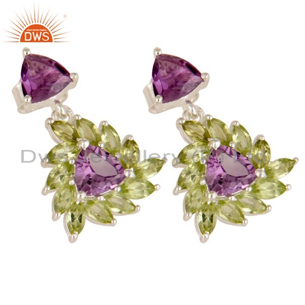 Exporter 925 Sterling Silver Amethyst And Peridot Gemstone Floral Cluster Dangle Earrings