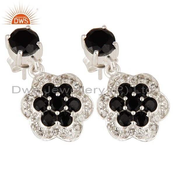 Exporter Natural Black Onyx And White Topaz Cluster Sterling Silver Dangle Earrings