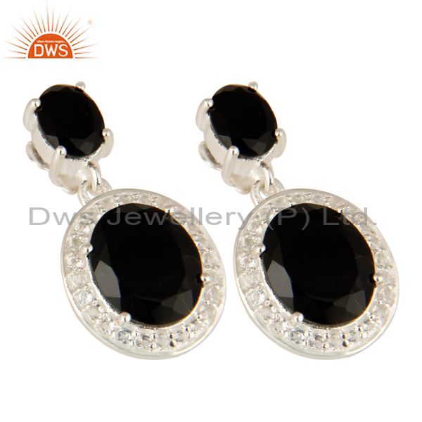 Exporter Prong Set Black Onyx And White Topaz Dangle Earrings In Sterling Silver