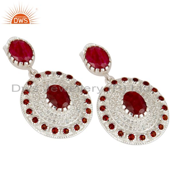 Exporter 925 Sterling Silver Ruby And Garnet Gemstone Dangle Earrings With White Topaz
