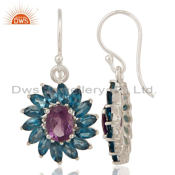 Exporter Amethyst And Blue Topaz Sterling Silver Floral Dangle Hook Earrings