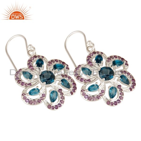 Exporter 925 Sterling Silver London Blue Topaz And Amethyst Flower Dangle Earrings