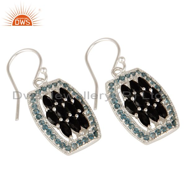 Exporter 925 Sterling Silver London Blue Topaz And Black Onyx Cluster Dangle Earrings