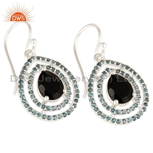 Exporter Natural Black Onyx And Blue Topaz Sterling Silver Hook Dangle Earrings