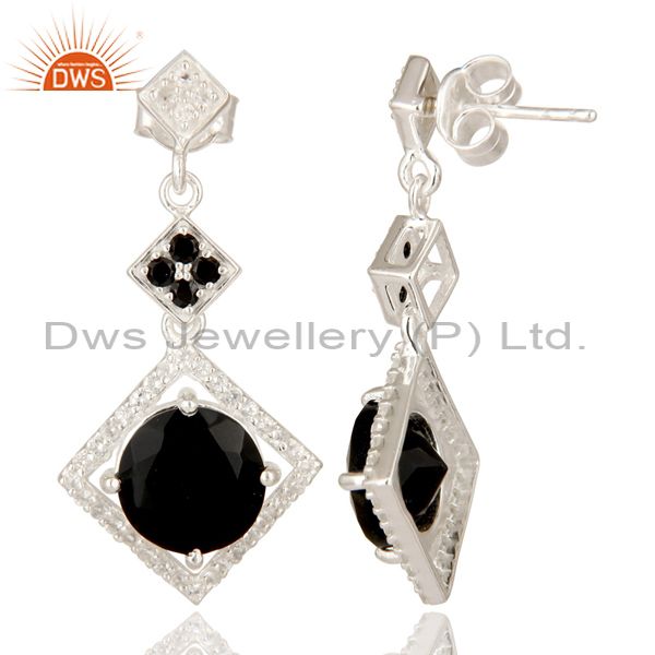 Exporter Black Onyx, Black Spinel And White Topaz Sterling Silver Cluster Dangle Earrings