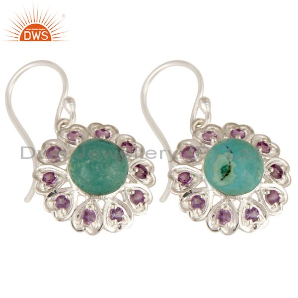 Exporter 925 Sterling Silver Natural Turquoise And Amethyst Gemstone Dangle Earrings