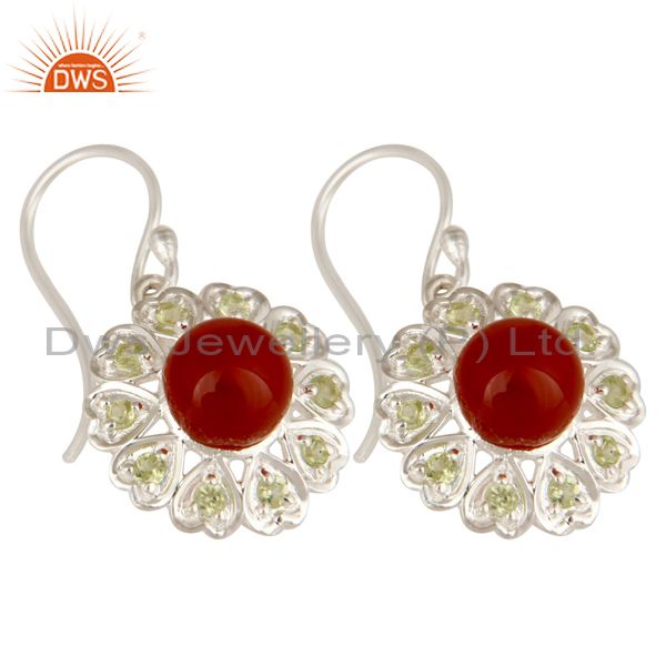 Exporter 925 Sterling Silver Red Onyx And Peridot Gemstone Designer Heart Earrings