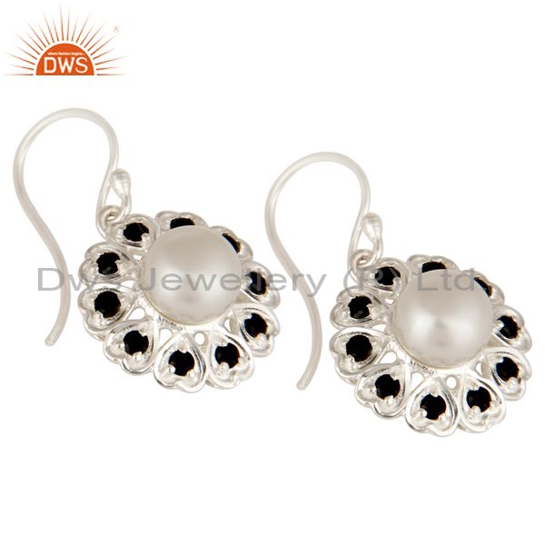Exporter 925 Sterling Silver White Pearl And Black Onyx Gemstone Designer Dangle Earrings