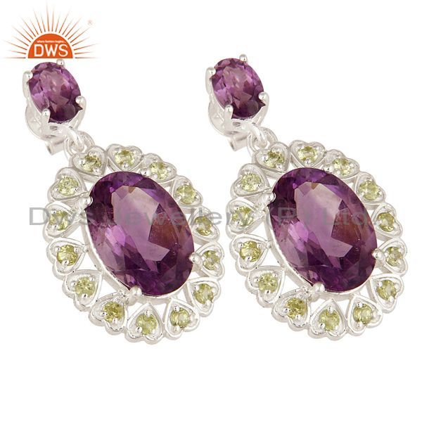 Exporter 925 Sterling Silver Natural Amethyst And Peridot Fine Gemstone Dangle Earrings