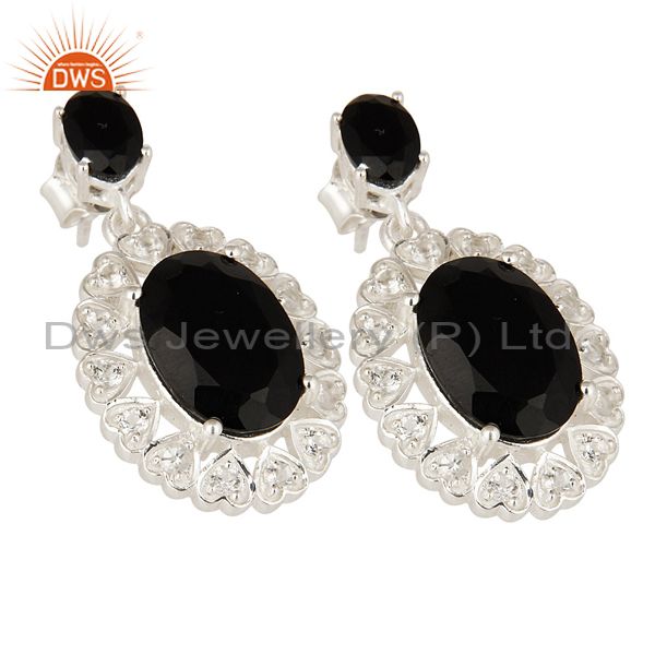 Exporter Oval Cut Black Onyx And White Topaz Sterling Silver Designer Earrings