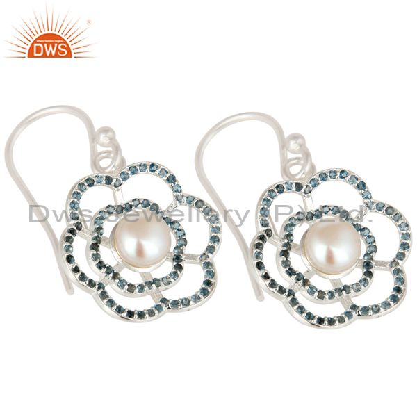 Exporter 925 Sterling Silver White Pearl And Blue Topaz Flower Dangle Earrings