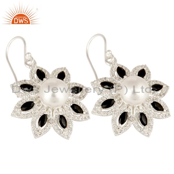 Exporter 925 Sterling Silver Pearl, Black Onyx And White Topaz Flower Dangle Earrings