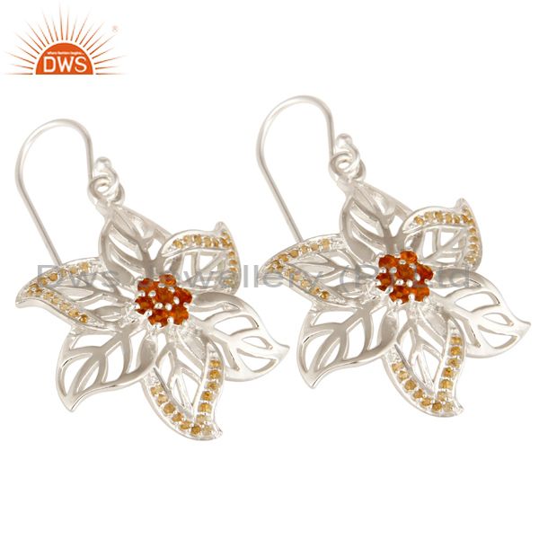 Exporter 925 Sterling Silver Natural Citrine Gemstone Floral Design Dangle Earrings