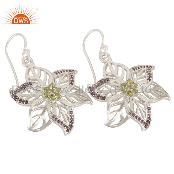Exporter 925 Solid Sterling Silver Amethyst And Peridot Designer Dangle Leaf Earrings