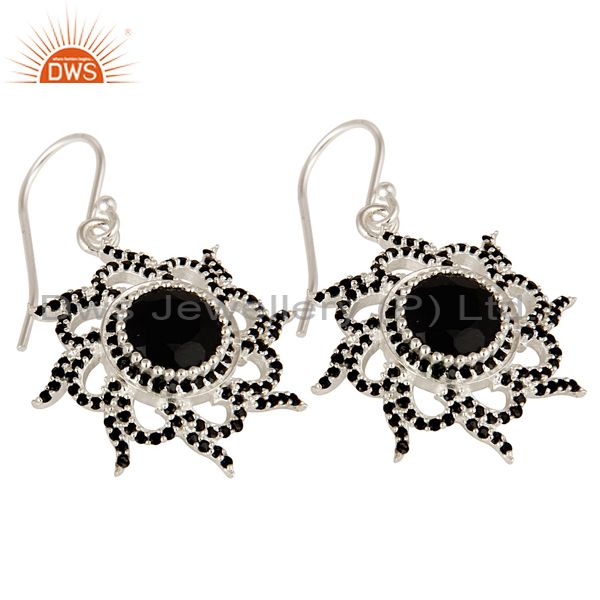 Exporter Solid 925 Sterling Silver Flower Design Spinal & Black Onyx Drops Earrings