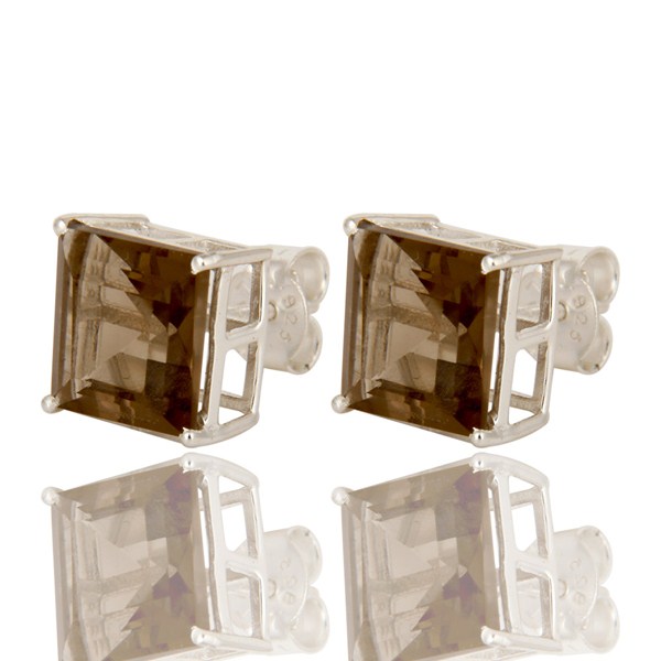 Exporter Square Cut Smoky Quartz Gemstone Sterling Silver Basket Set Stud Earrings