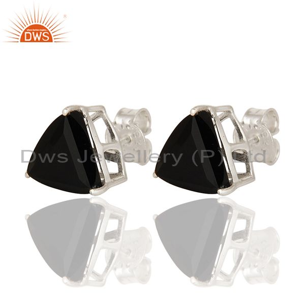 Exporter 925 Sterling Silver Black Onyx Gemstone Trillion Cut Womens Stud Earrings
