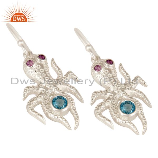 Exporter Amethyst And Blue Topaz Gemstone Sterling Silver octopus Dangle Earrings