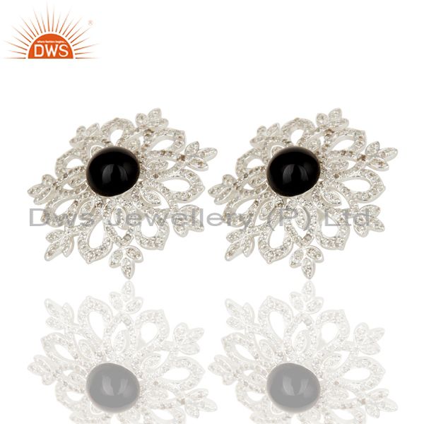 Exporter Black Onyx and White Topaz Sterling Silver Flower Designer Stud Earring