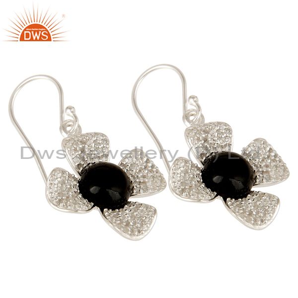 Exporter Black Onyx And White Topaz Sterling Silver Gemstone Flower Dangle Earrings