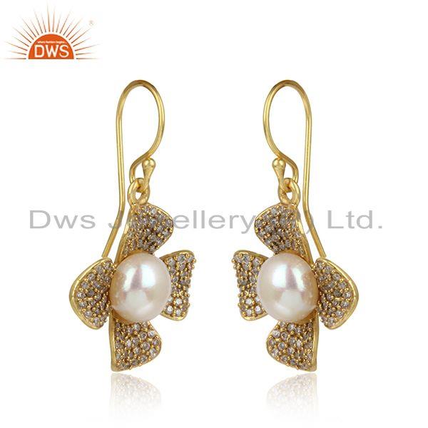 Floral design cz pave earring in yellow gold on silver with pearl