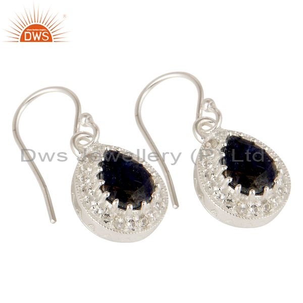Exporter Blue Sapphire And White Topaz Sterling Silver Gemstone Teardrop Earrings