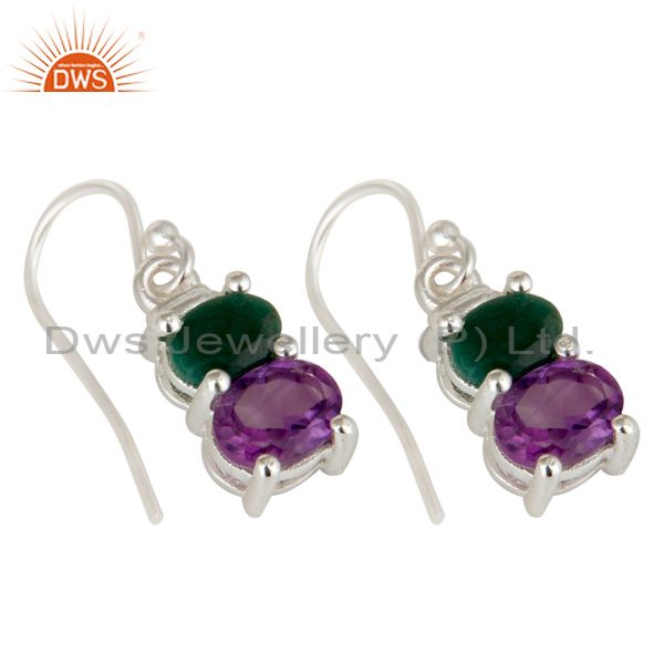 Exporter 925 Sterling Silver Amethyst And Emerald Prong Set Gemstone Dangle Earrings