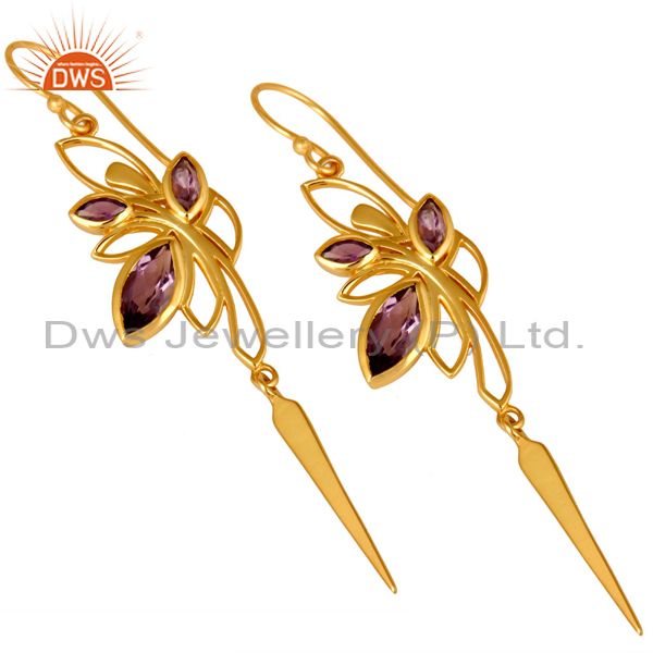 Exporter 14K Yellow Gold Plated Amethyst Gemstone Modern Design Dangle Earrings