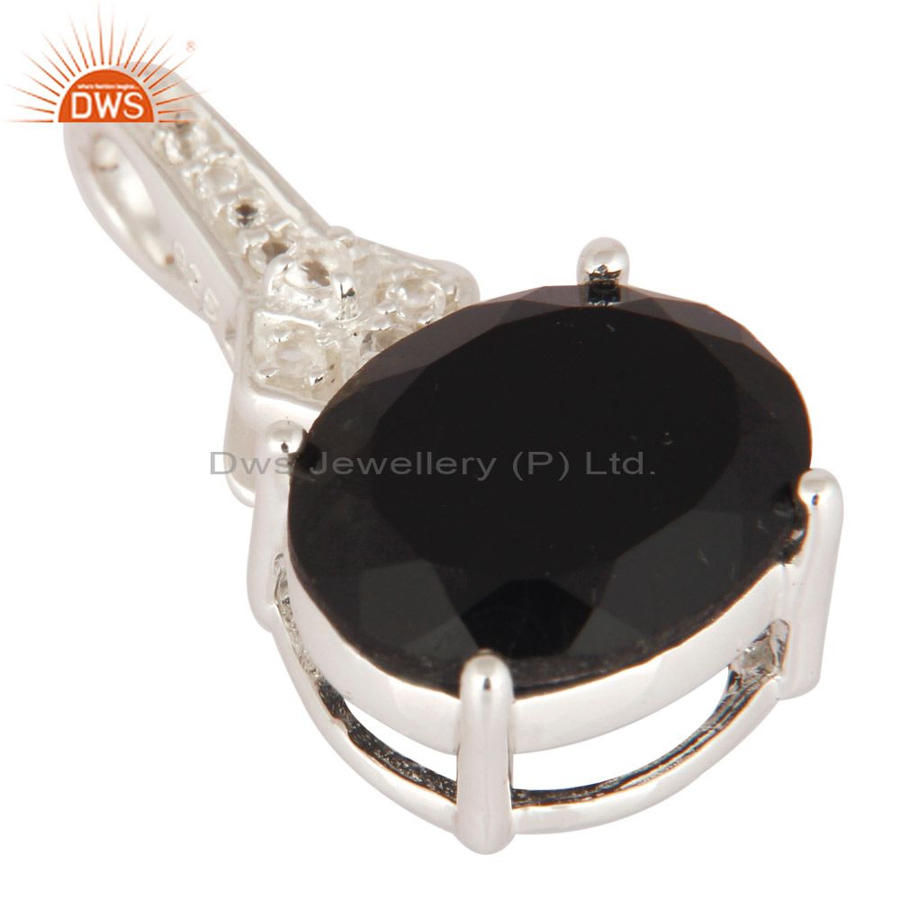 Exporter Solid 925 Sterling Silver Prong Set Black Onyx Gemstone Pendant With White Topaz