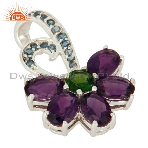 Exporter Natural Amethyst, Blue Topaz And Chrome Diopside Pendant In 925 Sterling Silver