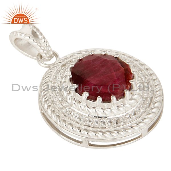 Exporter 925 Sterling Silver Red Corundum And White Topaz Prong Set Circle Pendant