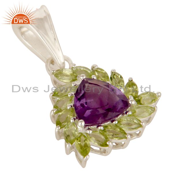 Exporter Natural Purple Amethyst And Peridot Sterling Silver Designer Cluster Pendant