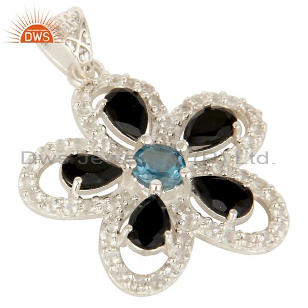 Exporter 925 Sterling Silver Blue Topaz And Black Onyx Flower Pendant With White Topaz