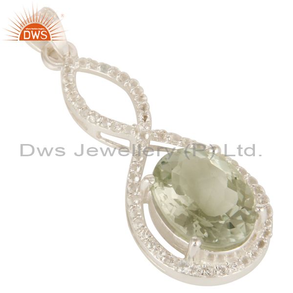 Exporter 925 Sterling Silver Natural Green Amethyst With White Topaz Infinity Pendant