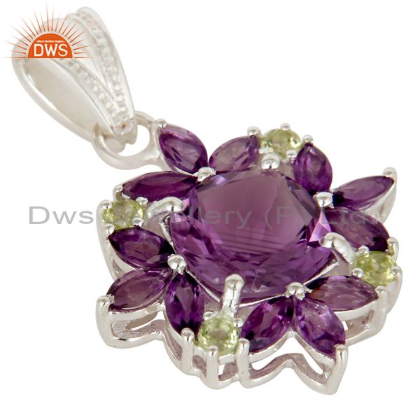 Exporter Amethyst And Peridot Sterling Silver Prong Set Gemstone Flower Pendant