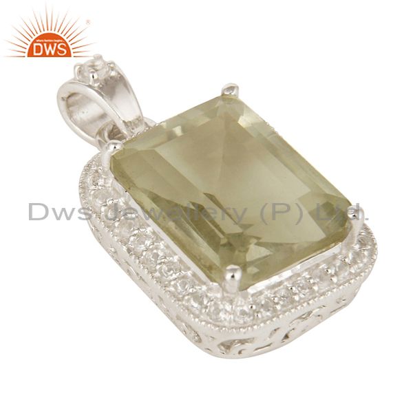 Exporter Green Amethyst Gemstone 925 Sterling Silver Prong Set Pendant With White Topaz