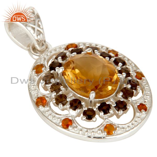 Exporter Natural Citrine and Smokey Gemstone Solid Sterling Silver Cluster Pendant