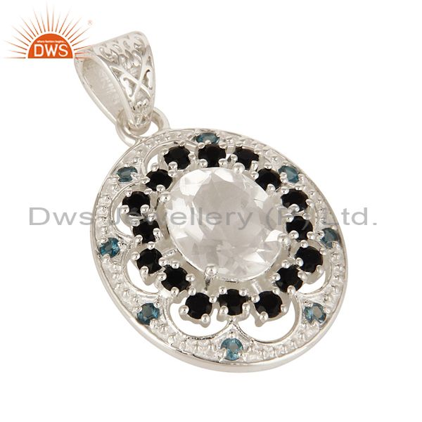 Exporter Blue Topaz, Crystal Quartz And Black Onyx Sterling Silver Stone Cluster Pendant