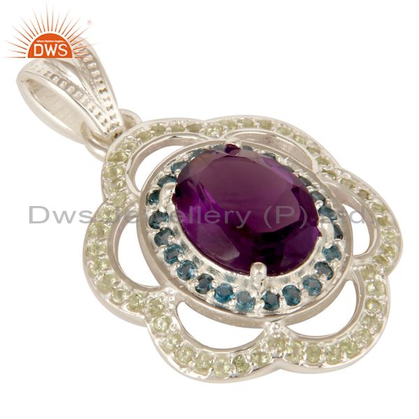 Exporter Amethyst, Blue Topaz And Peridot Gemstone Prong Set Sterling Silver Pendant