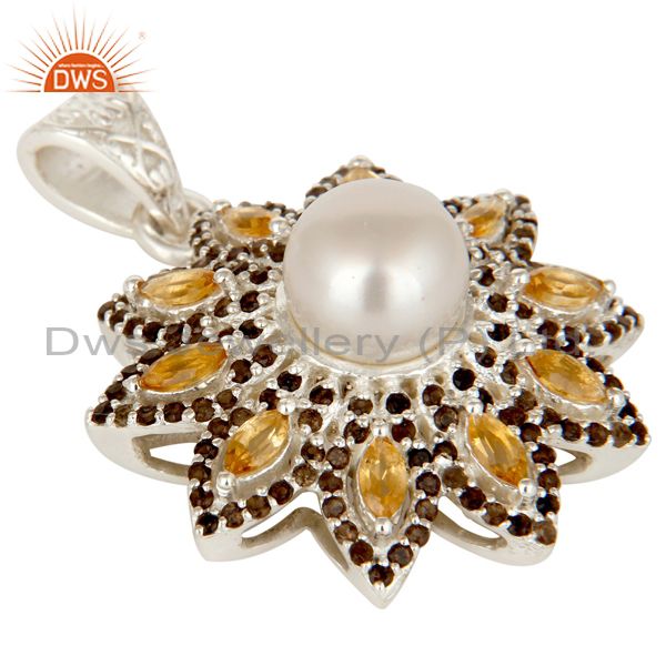 Exporter Natural Citrine Smokey And White Pearl Sterling Silver Flower Design Pendant