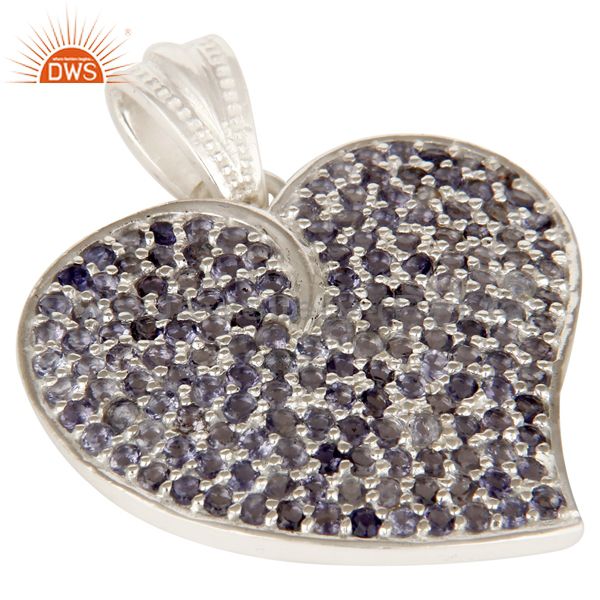 Exporter 925 Sterling Silver Micro Pave Set Iolite Gemstone Heart Shape Pendant For Women
