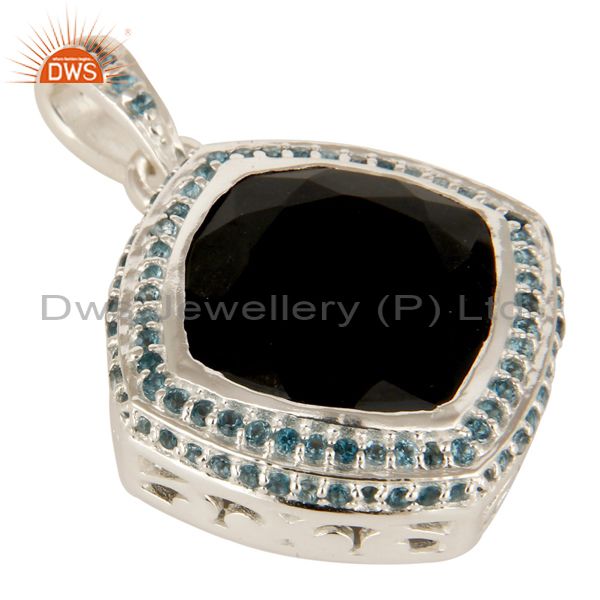 Exporter 925 Sterling Silver Black Onyx Cushion Cut And Blue Topaz Gemstone Pendant