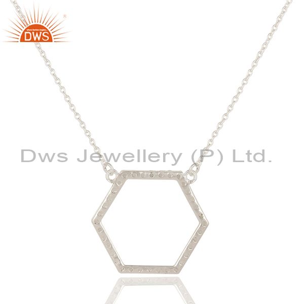 Exporter 925 Sterling Silver White Topaz Gemstone Open Hexagon Pendant Chain Necklace