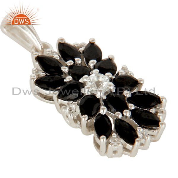 Exporter 925 Sterling Silver Natural Black Onyx And White Topaz Gemstone Cluster Pendant
