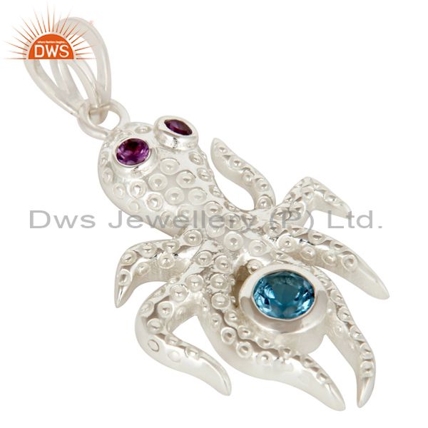 Exporter 925 Sterling Silver Octopus Pendant Amethyst and Blue Topaz Gemstone Jewelry
